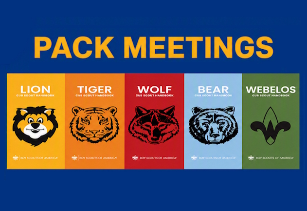 Pack Meeting graphic with Tiger, Bobcat, Wolf, Bear, Lion, and Webelos den emblems and the Pack 25 logo